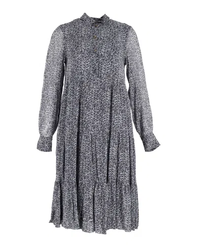 Ganni Tiered Long Sleeve Midi Dress In Navy Blue Silk