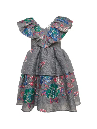 Pre-owned Ganni Tiered-jacquard Mini Dress In Gray