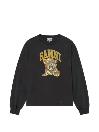 Ganni Tiger Crewneck Sweatshirt In Black