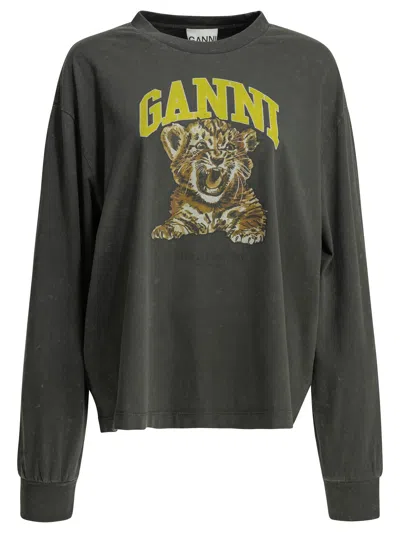 Ganni Graphic Long-sleeve Cotton T-shirt In Gray