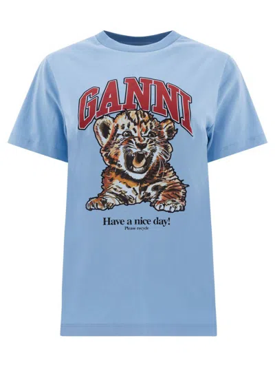 Ganni Tiger Organic Cotton T-shirt In Clear Blue