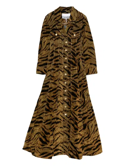GANNI TIGER-PATTERN BUTTON-UP MAXI DRESS