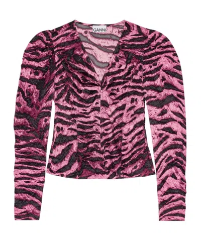 Ganni Tiger-print Crinkled Blouse In 787 Orchid Smoke