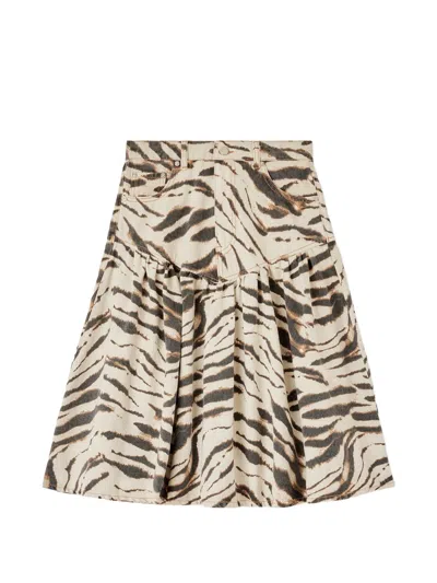 Ganni Tiger Print Denim Midi Skirt In Multi