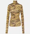 Ganni Printed Turtleneck Stretch-jersey Top In Yellow