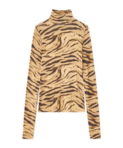 Ganni Tiger Print Long Sleeve Turtleneck Knitwear In Brown