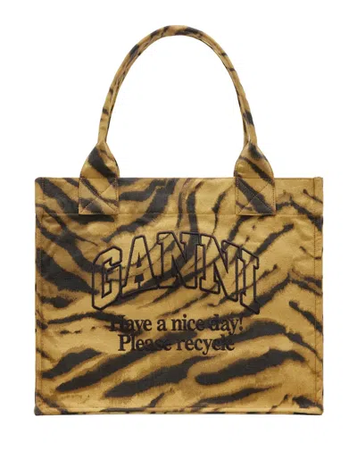 Ganni Large Tote Bag Made From Recycled Cotton In Brown