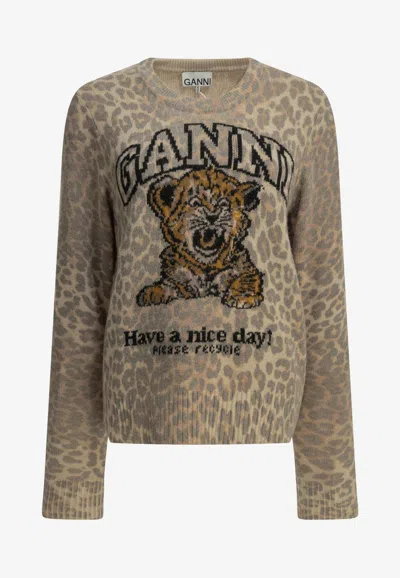 Ganni Tiger Print Wool Sweater In Multi