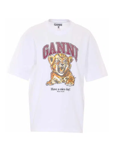 Ganni Women White Crew Neck Graphic Print T-shirt, Xs Luxury T-shirts For Women Darveys