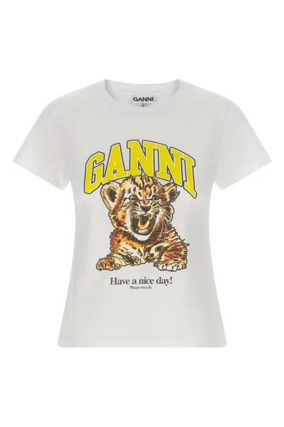 Ganni Organic Cotton T-shirt With Front Print In White