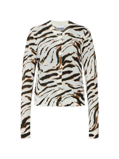 Ganni Tiger-print Logo-embroidered Cardigan In White