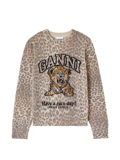 Ganni Tiger-print Intarsia-knit Sweater In Neutral