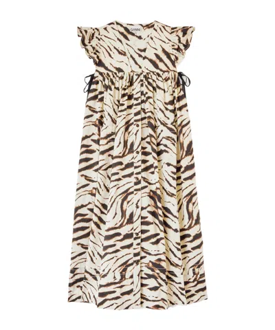 Ganni Organic Cotton Midi Dress Tiger Print In Multi