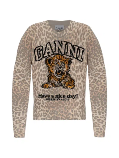 Ganni Wool Blend Sweater Crew Neck Animal Motif In Animal Print