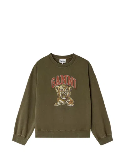 Ganni Tiger-print Sweatshirt In Green