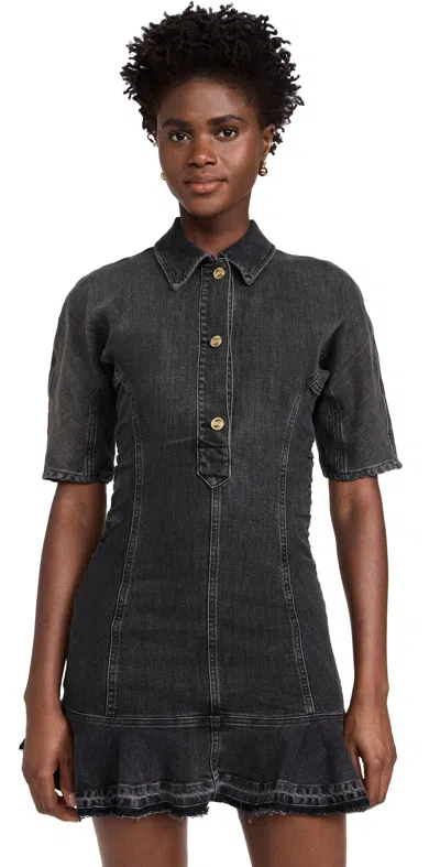 Ganni Ruched Side Fitted Dress With Short Sleeves In Black