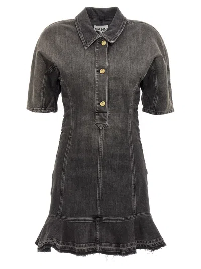 Ganni Ruched Side Fitted Dress With Short Sleeves In Black