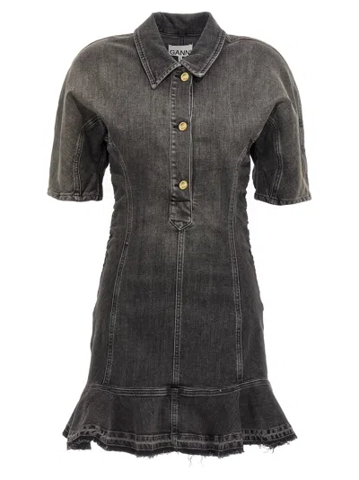 Ganni Ruched Side Fitted Dress With Short Sleeves In Black