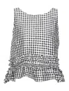 Ganni Crinkled Check Frill Top In Black In Black