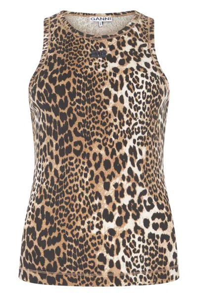 Ganni Top Animal Print In Cotton In Brown