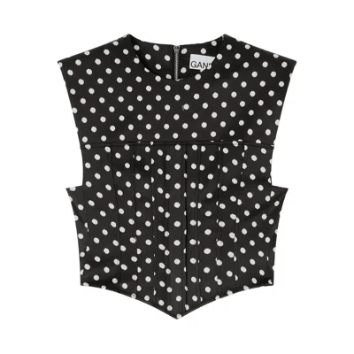 Ganni Womens Black Padded-shoulder Polka-dot Satin Corset Top