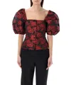 Ganni Botanical-print Short Puff-sleeve Cropped Top In Black