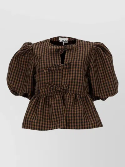 Ganni Crinkled Taffeta Check Peplum Blouse Tobacco Brown