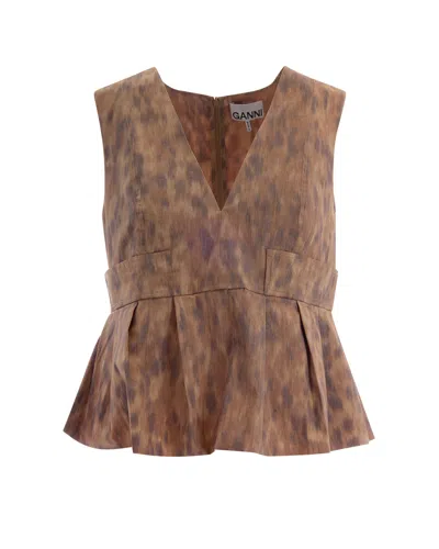 Ganni Blusa In Cotone Con Stampa In Brown