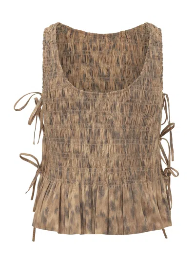 Ganni Top Draped With Statement Print In Burro