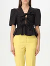 Ganni Poplin Front-tie Peplum Blouse With Puffed-sleeves In Black