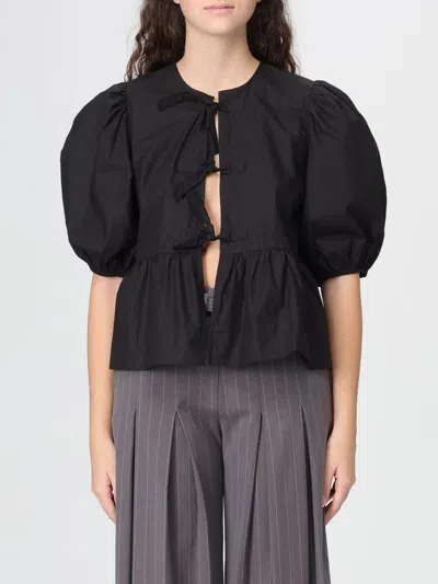 Ganni Poplin Front-tie Peplum Blouse With Puffed-sleeves In Black