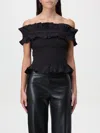 Ganni Off-the-shoulder Shirred Cotton-poplin Top In 黑色