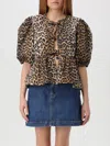 Ganni Multicolor Blouse With Front Tie Closure And All-over Leopard Motif In Cotton Woman In Brown