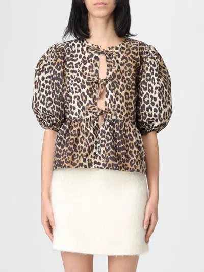 Ganni Tan Leopard Cotton Poplin Peplum Tie Blouse In Black