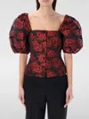Ganni Botanical-print Short Puff-sleeve Cropped Top In 红色