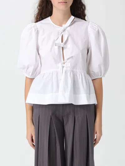 Ganni Poplin Front-tie Peplum Blouse With Puffed-sleeves In White
