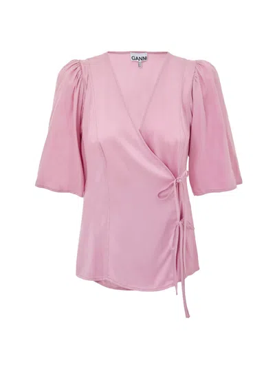 Ganni Top In Satin Rosa With Cross-sealing  In Pink