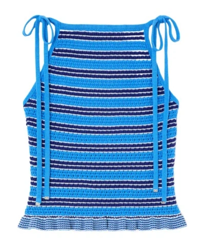 Ganni Striped Cotton Pointelle Top In Blue