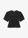 Ganni Poplin Front-tie Peplum Blouse With Puffed-sleeves