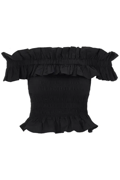 Ganni Sleeveless Cotton Poplin Off-shoulder Smock Top In Black