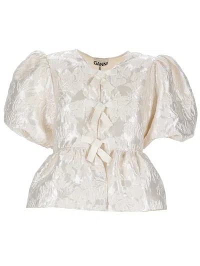 Ganni Satin Peplum Shirt And Blouse White In Neutral