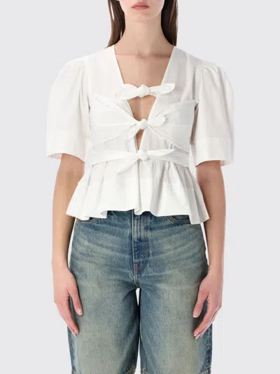 Ganni Womens Bright White Tie Strap Puffed-sleeves Stretch-cotton Blouse