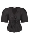 Ganni Cotton Top With Bow Detailing And Peplum Hem In Black