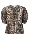 Ganni Multicolor Blouse With Front Tie Closure And All-over Leopard Motif In Animal Print