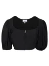 Ganni Short Sleeve Drapey Melange Zipper Blouse In Black