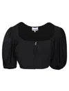 Ganni Short Sleeve Drapey Melange Zipper Blouse In Black