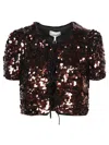 Ganni Sequined Velvet-trimmed Crop Top In Brown