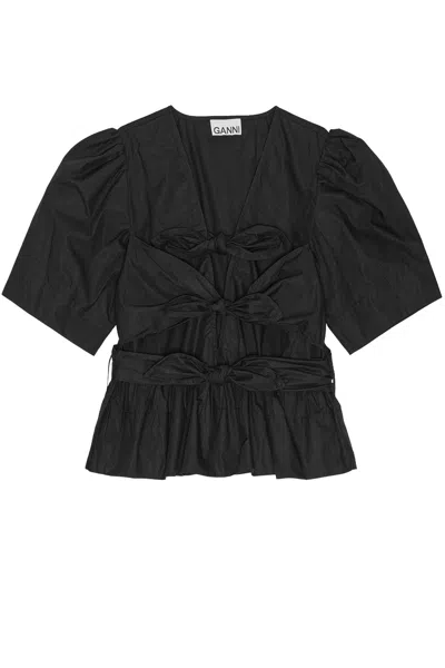 Ganni Women Black Stretch Cotton Tie Strap Blouse