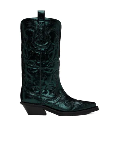 Ganni Topstitch-detail Cowboy Boots In 771 Climbing Ivy