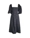 Ganni Topstitched Midi Dress In Black Organic Cotton In Black